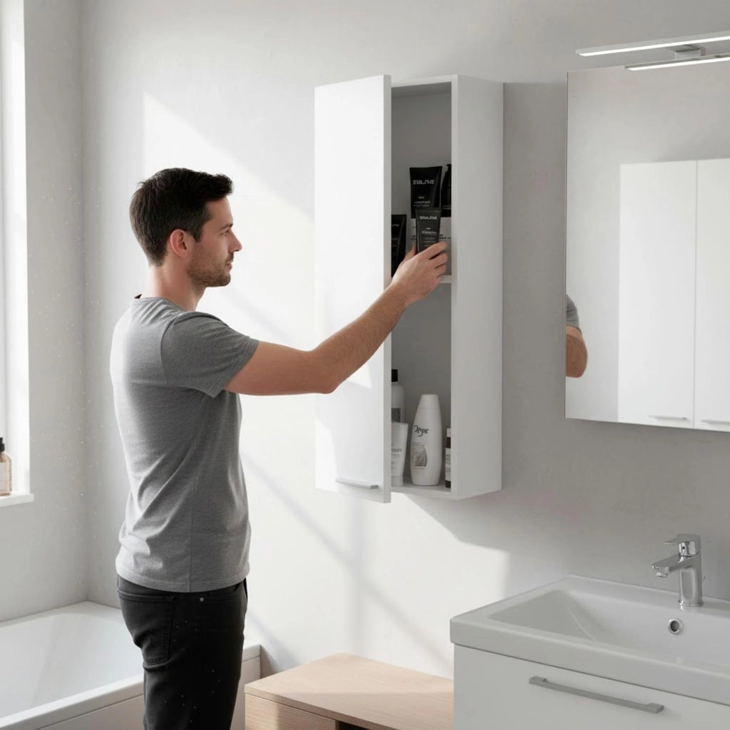 Pensile Bagno Da Parete Sospeso Con Anta E Ripiano Regolabile Mobile Colonna Salvaspazio Armadietto Moderno In Melamina Design Contemporaneo 85 x 30 x 25 Cm Bianco Lucido