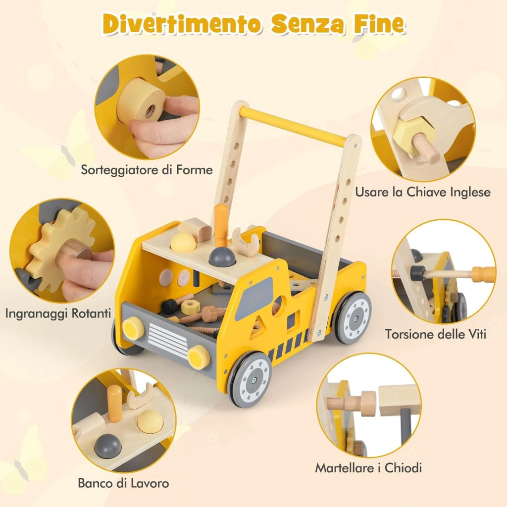 2-in-1 Primi Passi per Bambini con Altezza Regolabile, Girello in Legno con Banco da Lavoro, Carrello da Spinta con Giocattoli Montessori, Velocità Regolabile, Spazio di Archiviazione