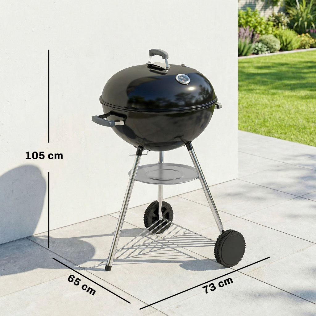barbecue a carbone con griglia esterna rotonda. coperchio. termometro e ruote. Nero