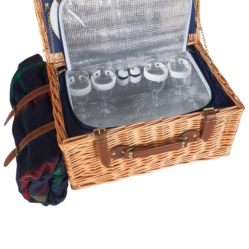 Cesto da picnic per 4 persone in vimini naturale e grigio con set di posate, piatti, bicchieri da vino e borsa termica con cavatappi Coperta inclusa Finitura