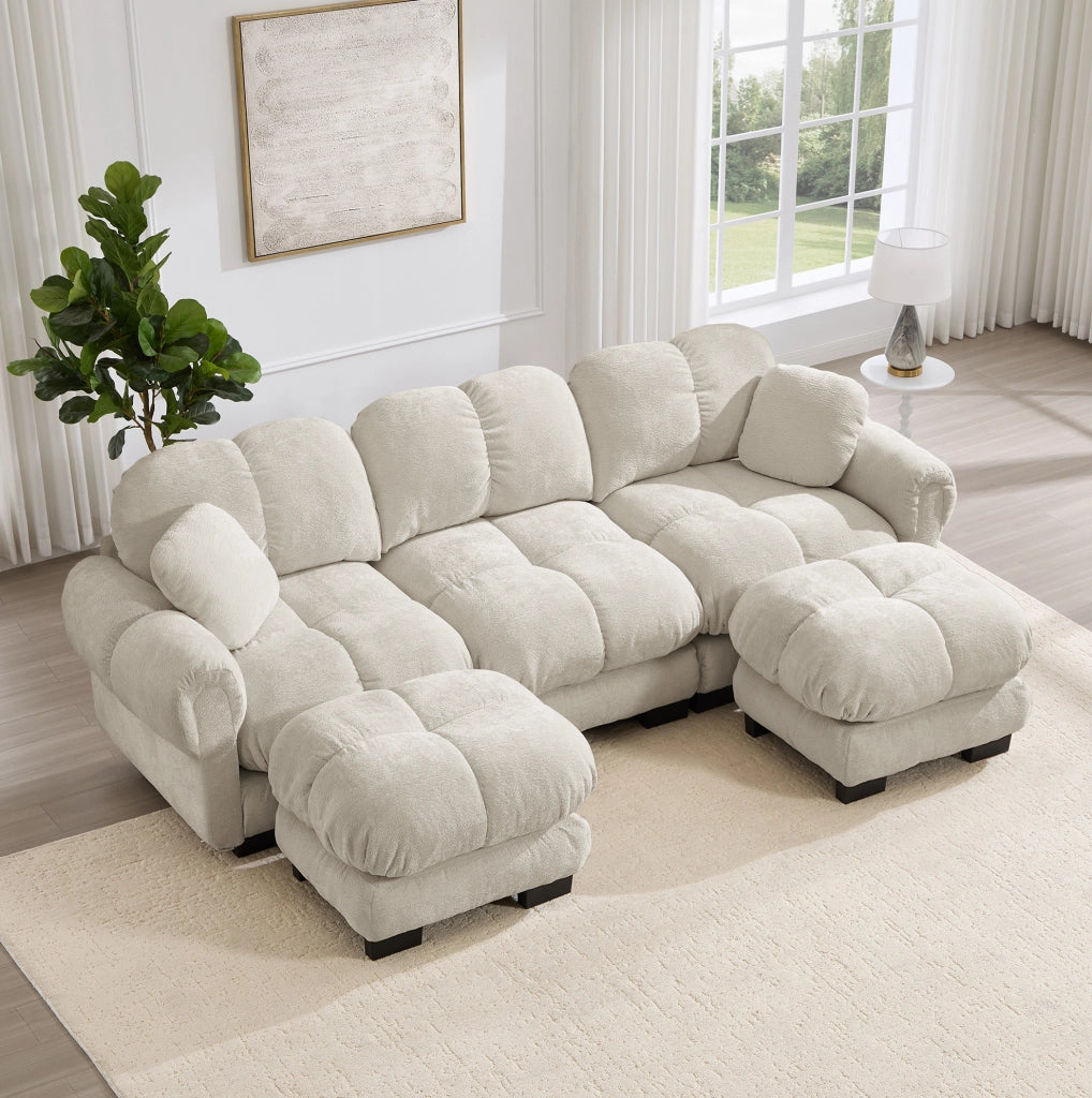 Divano modulare a U 3 posti con ottomana mobile 260x149x90 cm in chenille kaki chiaro