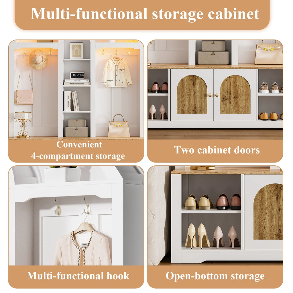Garderobiera ingresso in MDF bianco con ante effetto legno; 150x40x195 cm; con ganci e LED USB