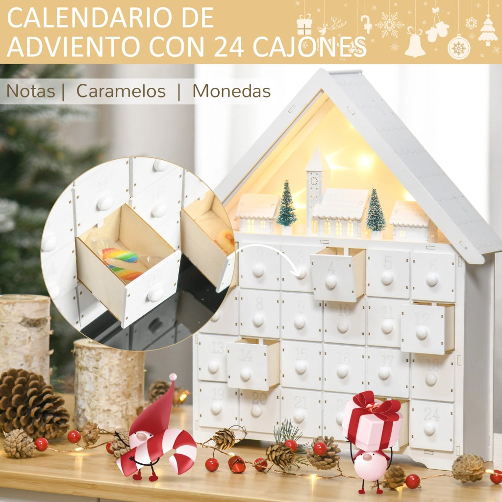 Calendario dell'Avvento in Legno con 24 Cassetti e Luci LED ¨C zephmum ¨C Bianco 39x9x42 cm