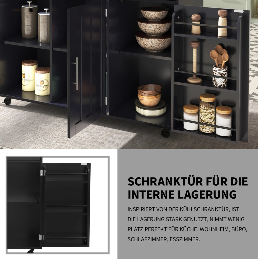 Carrello cucina nero con piano pieghevole e ruote