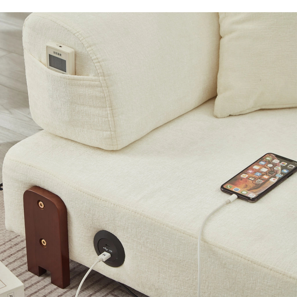 Divano letto pieghevole 2 in 1 con funzione letto e porte USB e Type-C con tasche portaoggetti in tessuto beige
