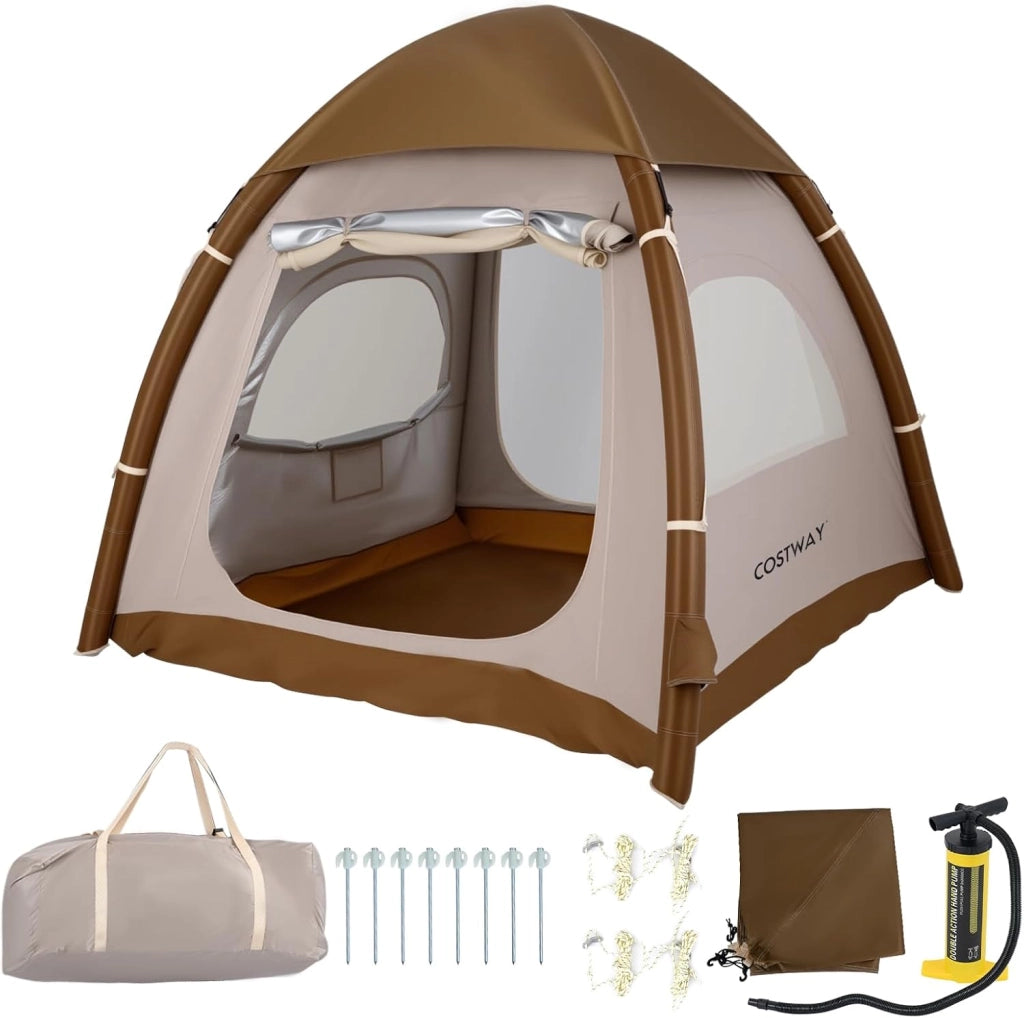 Tenda da Campeggio Gonfiabile per 4 Persone, Tenda da Spiaggia con Poma, 2 Porte, Lucernario e Finestre, in Tessuto Impermeabile, con Copertura Rimovibile e Borsa, 208 x 208 x 196 cm