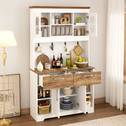 Credenza cucina con vetrina, 2 cassetti e ganci, bianco e naturale, 106x39x176,5 cm