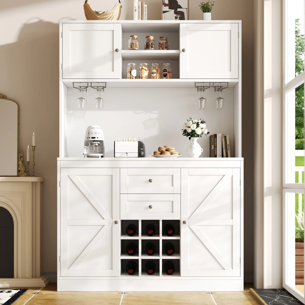 Credenza da Cucina Alta con 4 Ante; 2 Cassetti; Ripiani Regolabili e Portabottiglie; in MDF; 120x40x188 cm; Bianco
