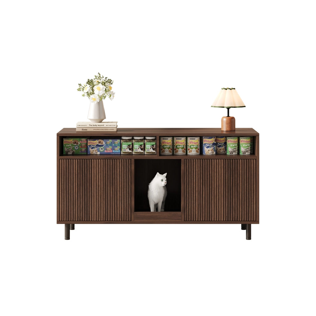 Mobile Lettiera per 2 Gatti 120×50×66 cm con Tappetino Raccogli Sabbia; 2 Ante e Ripiani; Effetto Noce
