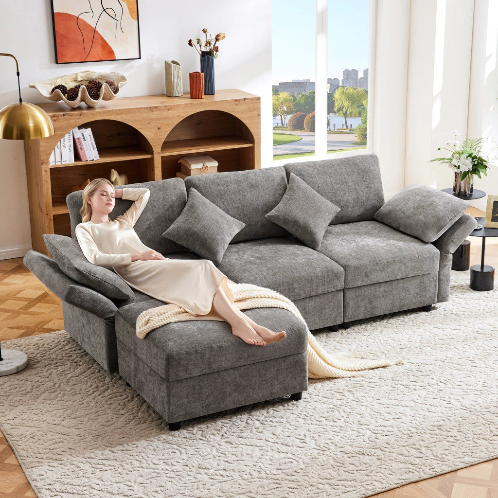 Divano Angolare 3 Posti con Poggiapiedi ¨C Xylo ¨C Grigio, Tessuto Chenille, Cuscini, Braccioli Regolabili