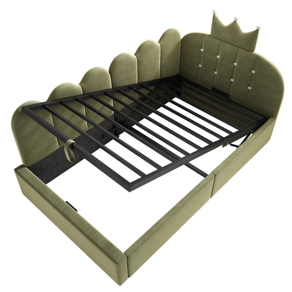 Letto contenitore daybed 90x200 cm in velluto verde con design a corona, senza materasso
