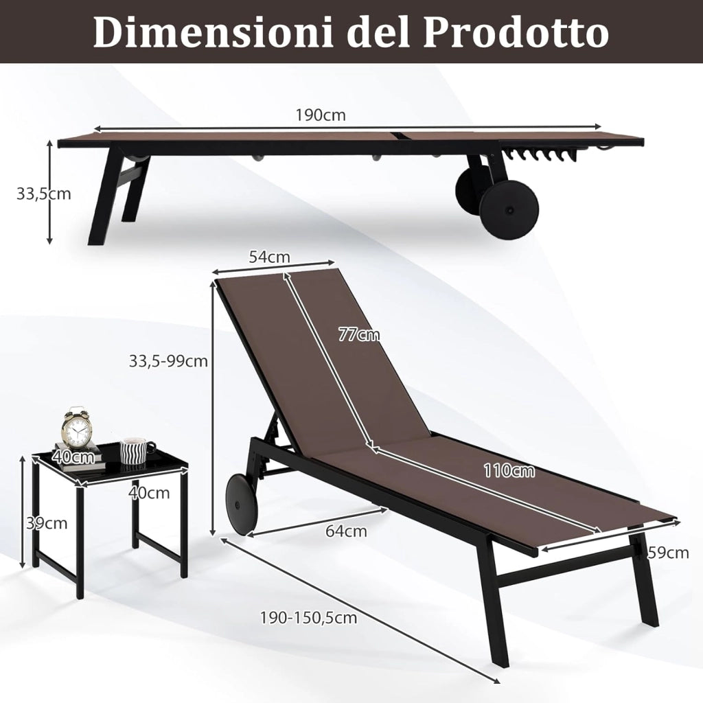 Lettino Prendisole da Giardino con Tavolino, Schienale Rgolabile 5 Livelli, 2 Ruoti, Sdraio da Patio in Tessuto Traspirante, per Piscina Terazza, Portata 150+50 kg (Marrone)