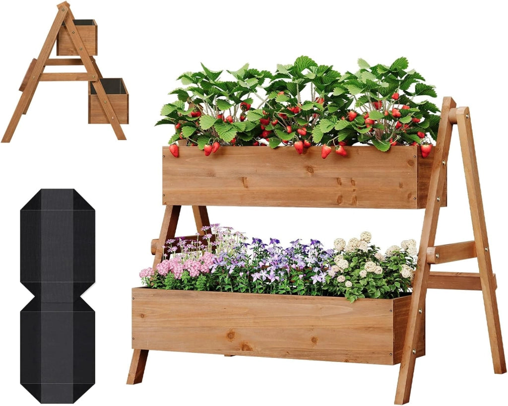 Fioriera Rialzata con Scaffale a Gradini 2 Livelli, Vasi Integrati per Piante, Ideale per Interni/Esterni su Terrazzo, Balcone e Giardino, Legno 80x62x68 cm, Marrone
