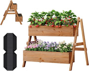 Fioriera Rialzata con Scaffale a Gradini 2 Livelli, Vasi Integrati per Piante, Ideale per Interni/Esterni su Terrazzo, Balcone e Giardino, Legno 80x62x68 cm, Marrone