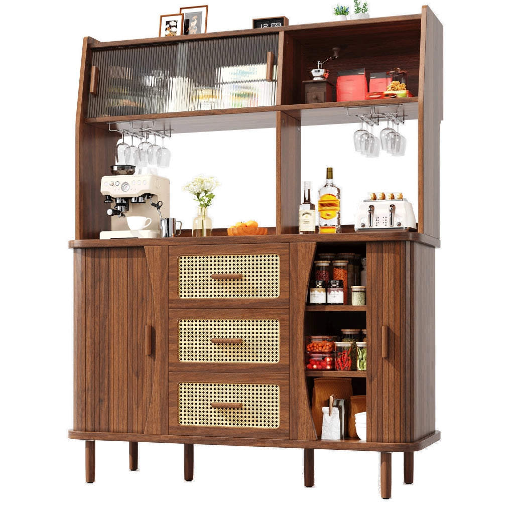 Credenza con Ante in Vetro Scorrevoli e Rattan ¨C MINIMAL ¨C Legno Naturale/Noce, 174,5 cm