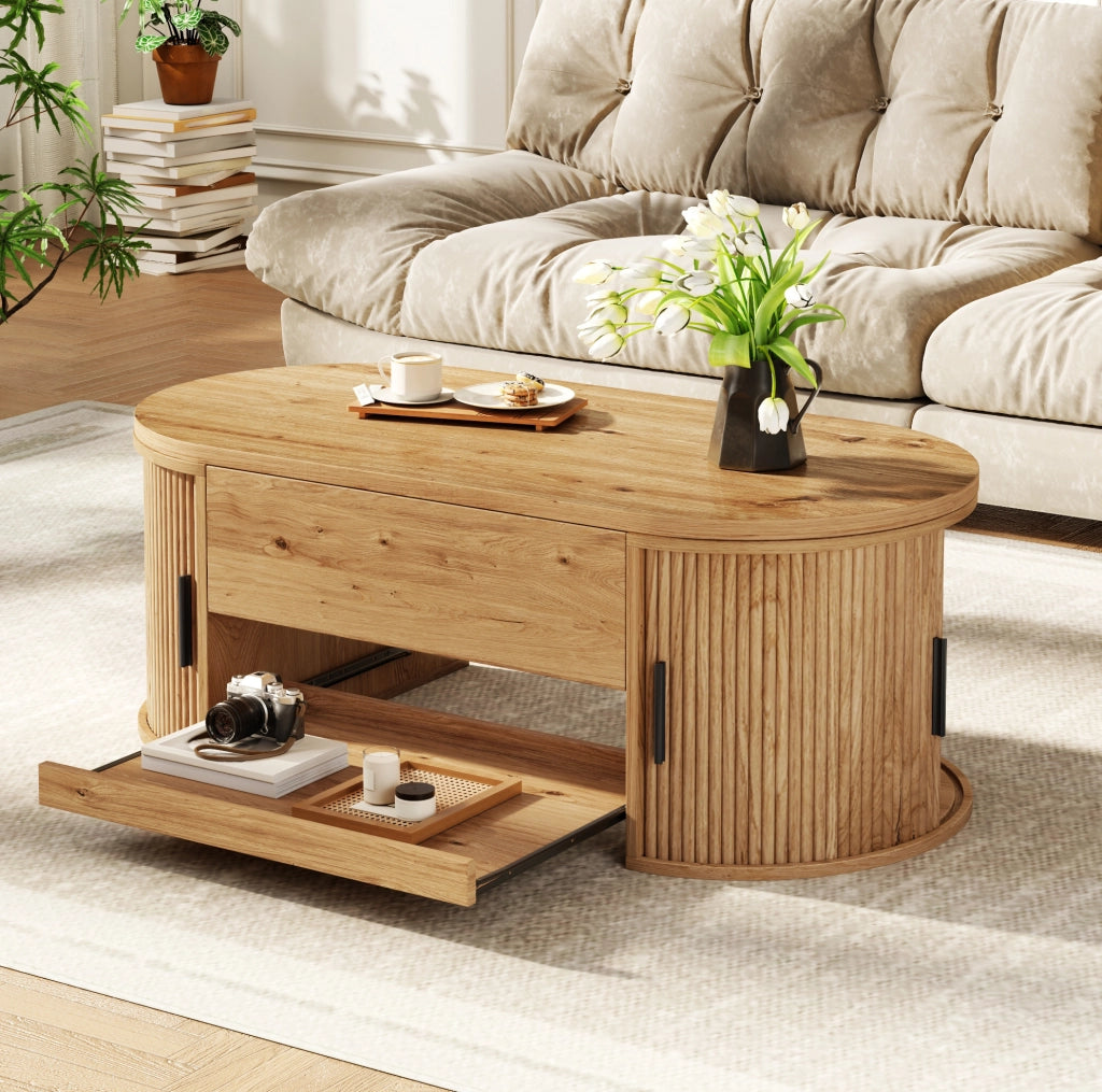 Tavolino elevabile 110x55x55 cm in MDF naturale con contenitore integrato