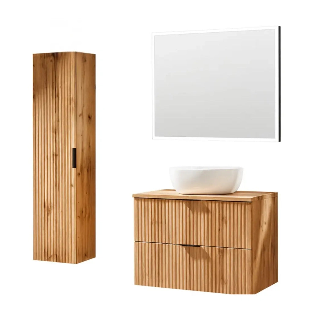 Set bagno NOXERA 80 cm - Rovere Wotan - Mobile sottolavabo con lavabo, specchio LED e colonna sospesa
