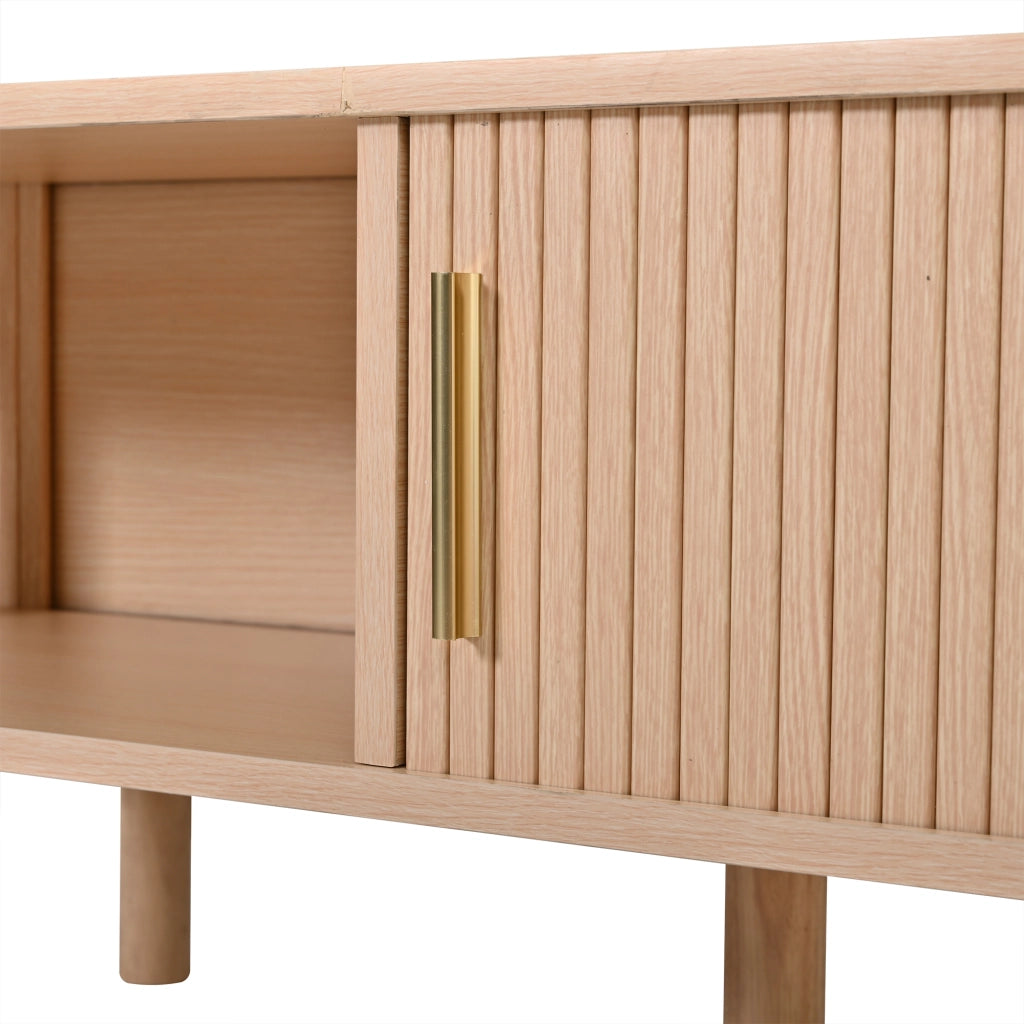 Tavolino, in MDF, con ante scorrevoli e ripiani a vista, 110 x 55 x 45 cm, color legno naturale