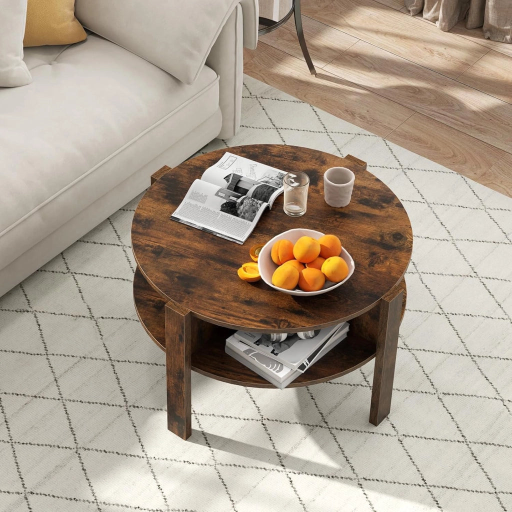 Tavolino da Caffè Rotondo con Ripiano Diviso a 4, Tavolino Basso in Legno Moderno, Tavolo per Salotto, Soggiorno e Cameretta, 74,5 x 74,5 x 45,5 cm (Marrone)