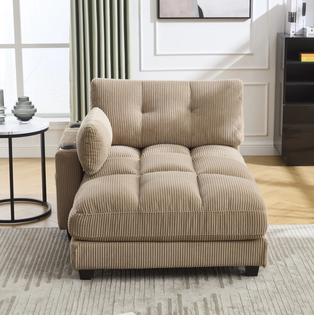 Poltrona relax 140x112x81 cm con 3 portabicchieri e tasca laterale in corduroy khaki