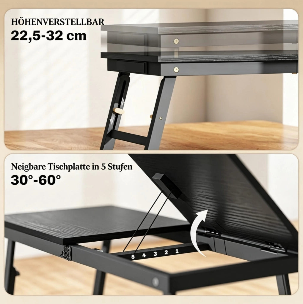 Tavolino da letto pieghevole e regolabile in bambù con piano inclinabile 70x33 cm nero