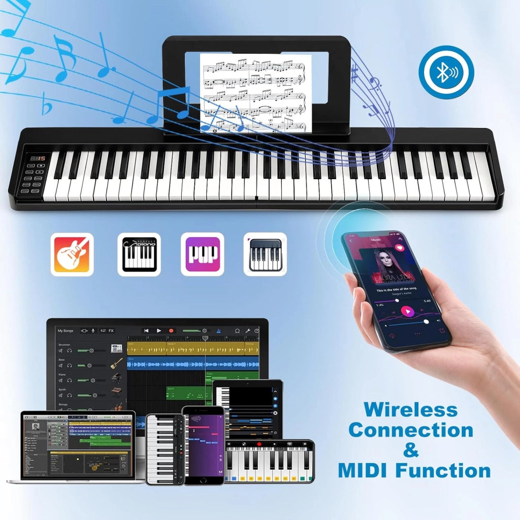 Pianoforte Digitale 61 Tasti Pieghevole con Display LED & Bluetooth, Tastiera Elettronica Multifunzionale per Principianti, Pianola Facile da Trasportare con Borsa per Pianoforte
