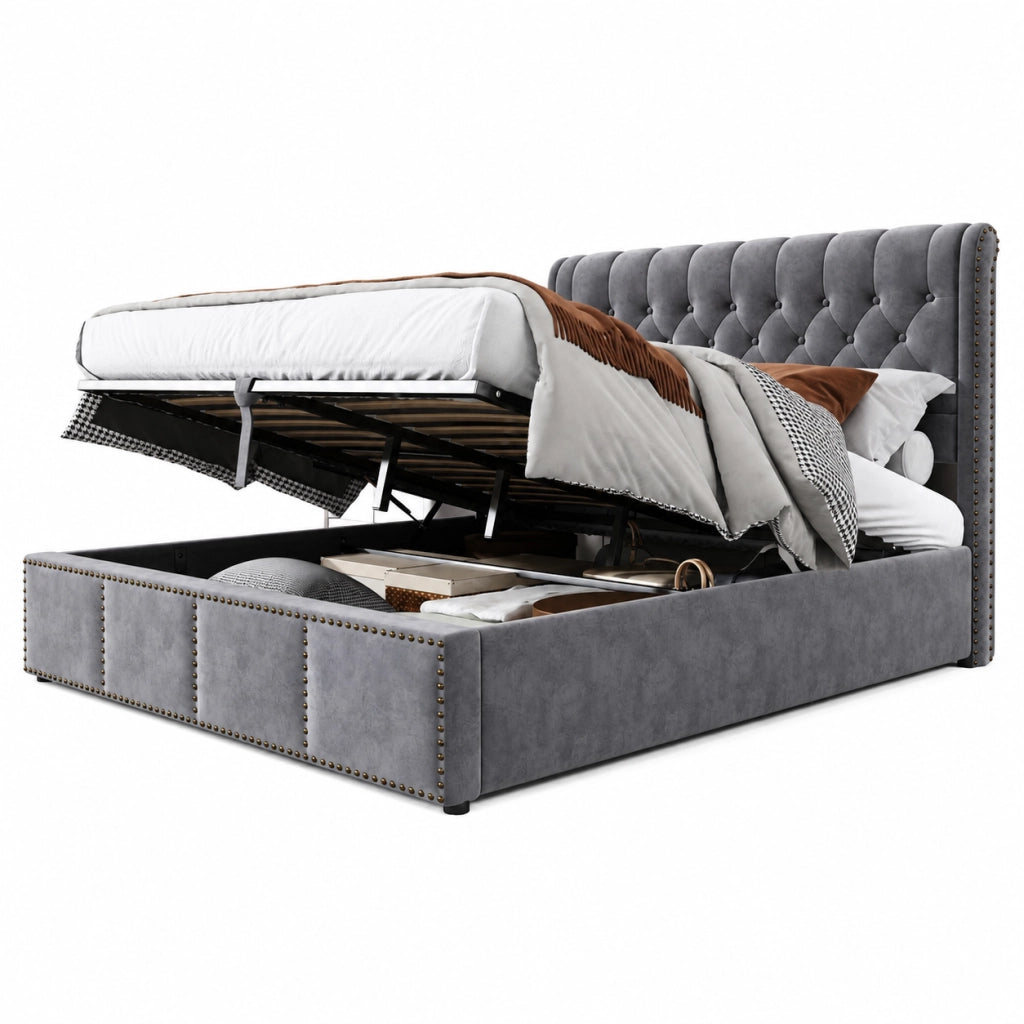Letti contenitori 140x190 cm con contenitore; dettagli con rivetti; velluto grigio (Senza materasso)