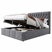 Letti contenitori 140x190 cm con contenitore; dettagli con rivetti; velluto grigio (Senza materasso)