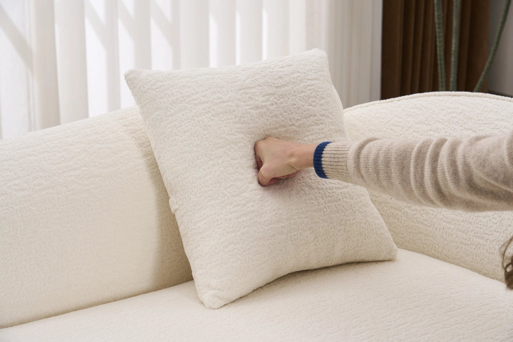 Chaise longue curva in chenille con seduta profonda e cuscino, divano letto compatto per interni, bianco panna
