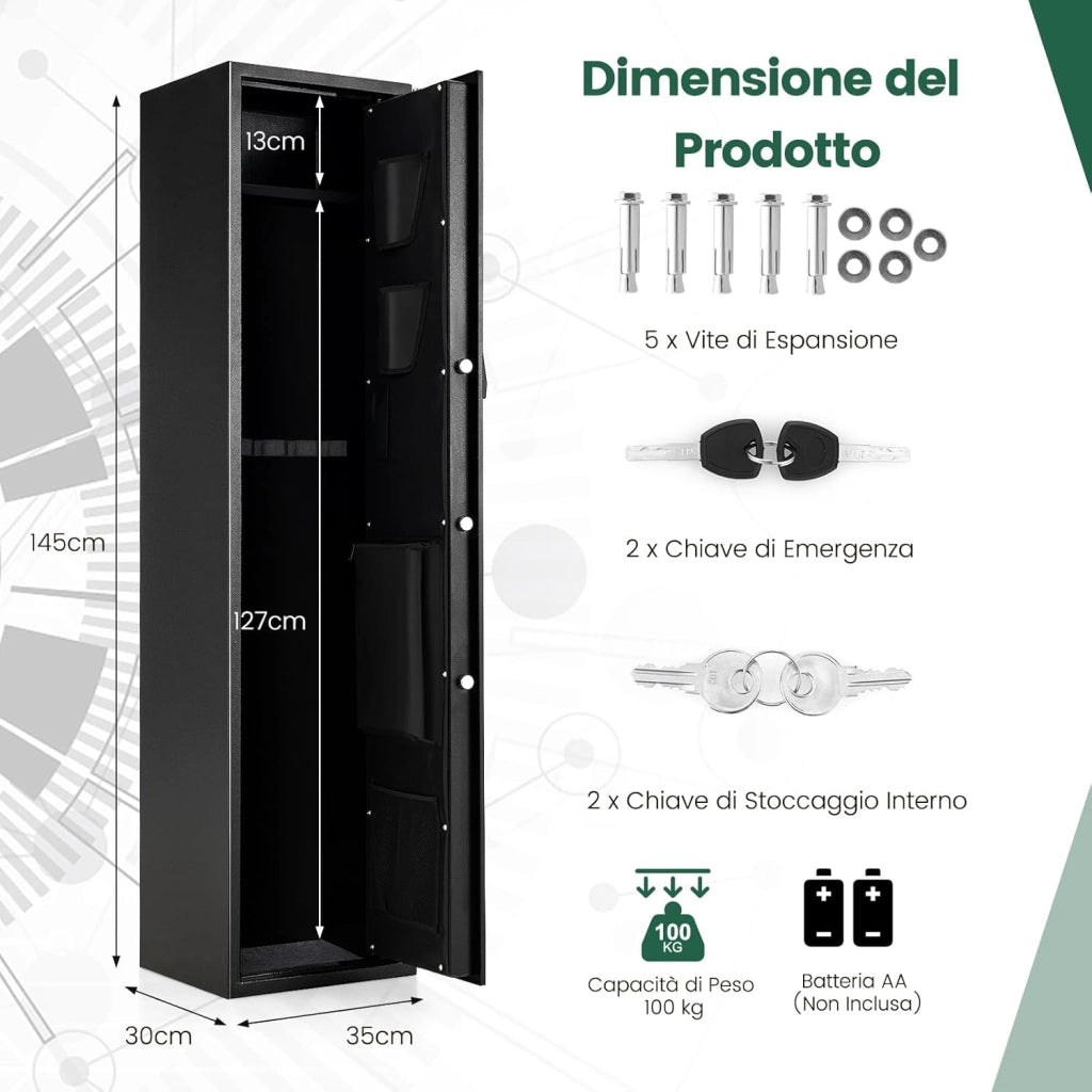 Cassaforte per 5 Fucili e Pistole Domestiche, Armadio per Armi Lunghe Pesante con Serratura Biometrica Impronta Digitale, Tastierino Digitale e Chiavi Emergenza, Tasca di Stoccaggio Integrata