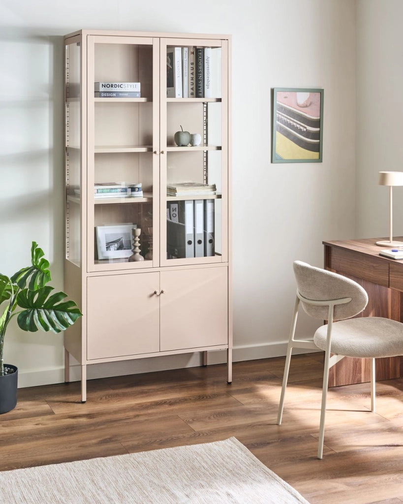 Vetrina moderna in acciaio beige e ante in vetro stile contemporaneo industriale sala da pranzo soggiorno