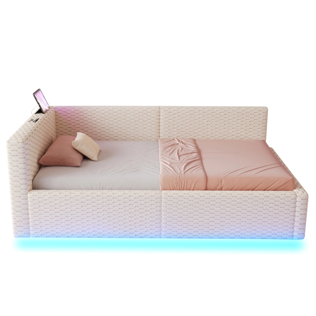Letto imbottito 90x200 cm con vano contenitore, LED e porte USB/Type-C