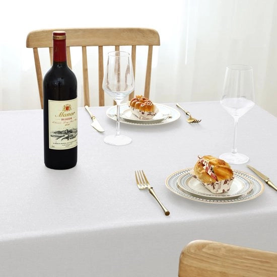Tavolo da Cucina in Lino con Aspetto di Lino 140x180 cm Resistente all'Acqua Pulito con Spugna Bianco