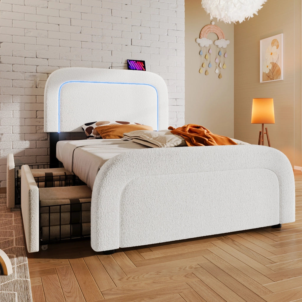OKWISH Letto con Cassetti Singolo, USB, Type-C, LED e 2 Cassetti, 90 x 200 cm, con Materasso, Bianco