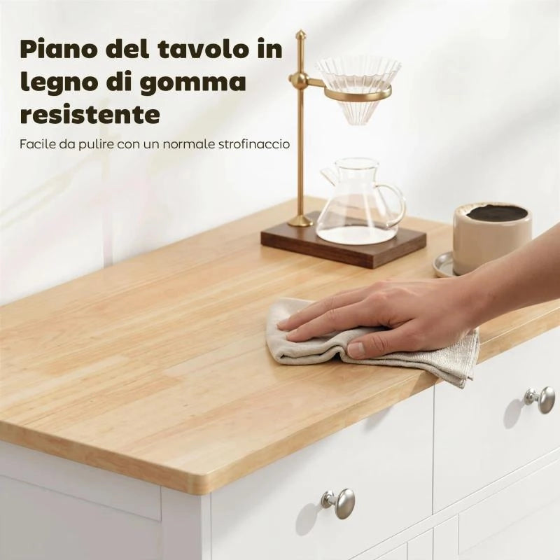 CREDENZA BASSA CON ARMADIETTO 2 ANTE, RIPIANI REGOLABILI E 2 CASSETTI, BIANCO E LEGNO