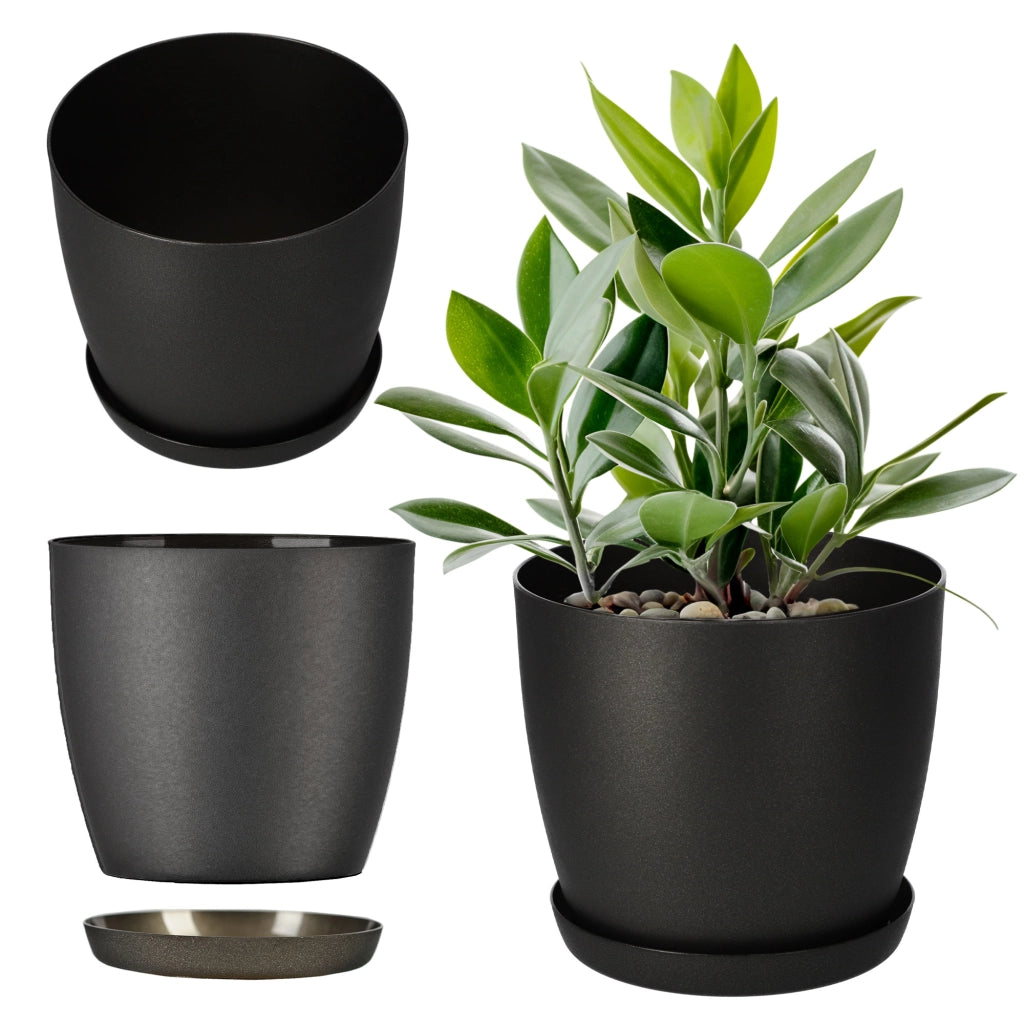 Vaso da fiori KADAX con sottovaso, vaso in plastica da 30 cm, coperchio, fiori, grafite opaca