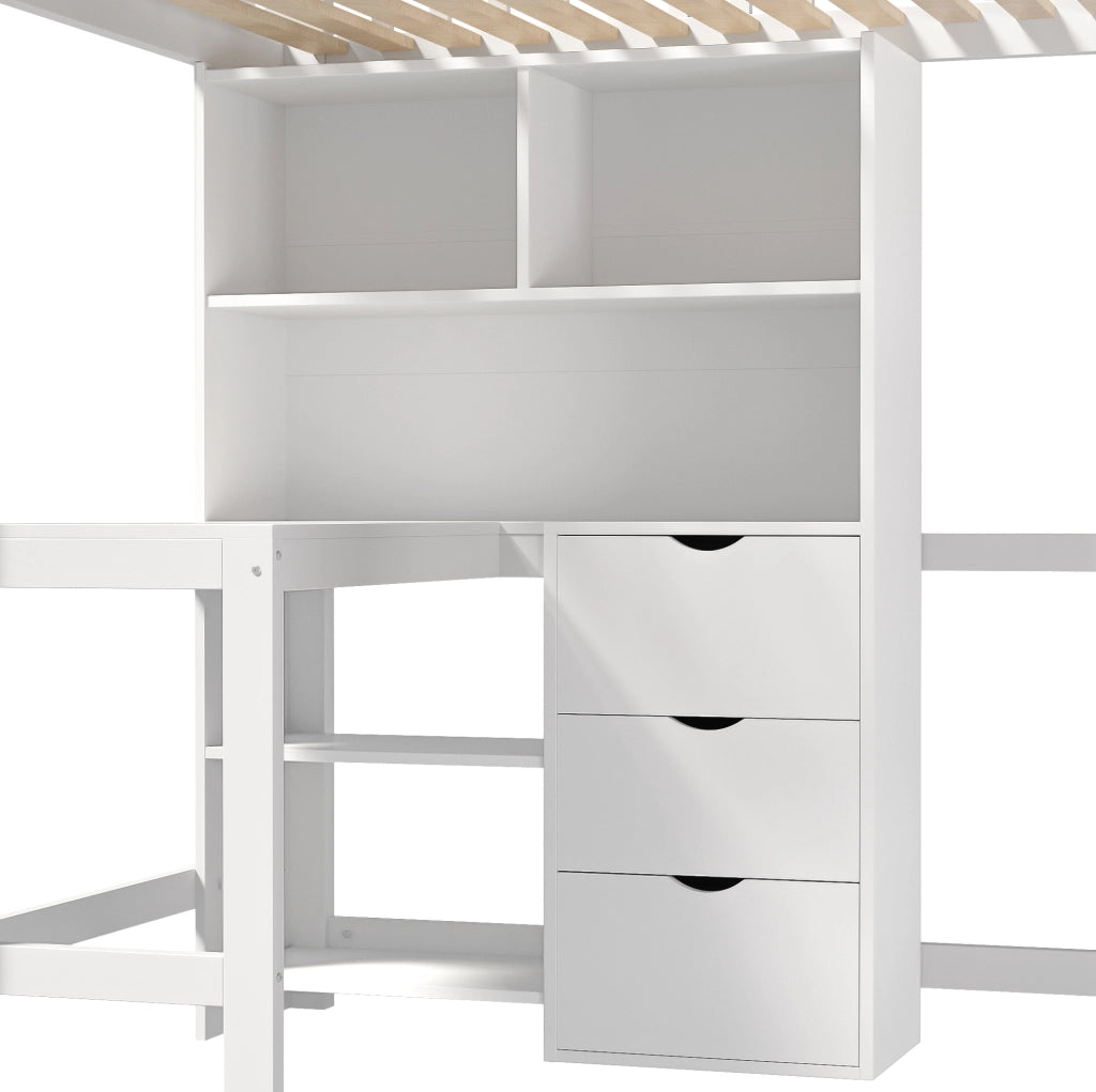 Letto a soppalco 90x200 cm con scrivania; cassetti e vani aperti in legno e MDF bianco