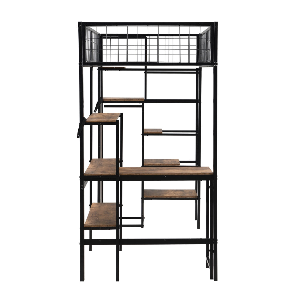 OKWISH Letto a Soppalco 90×200 cm, Letto Singolo con Scrivania, Mensole e Armadio, senza Materasso, in Metallo e MDF, Nero e Marrone