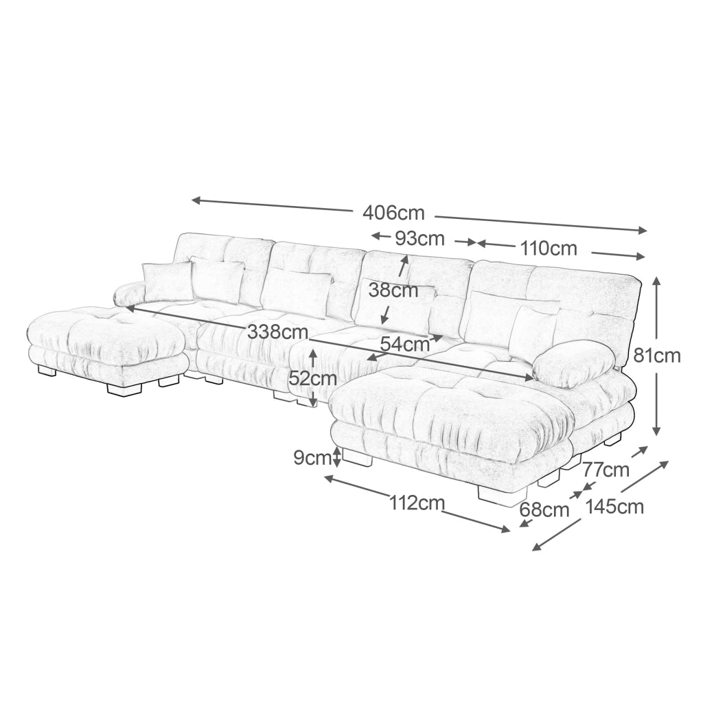 Divano modulare angolare a U in chenille con pouf mobile e cuscini design vintage per soggiorno marrone