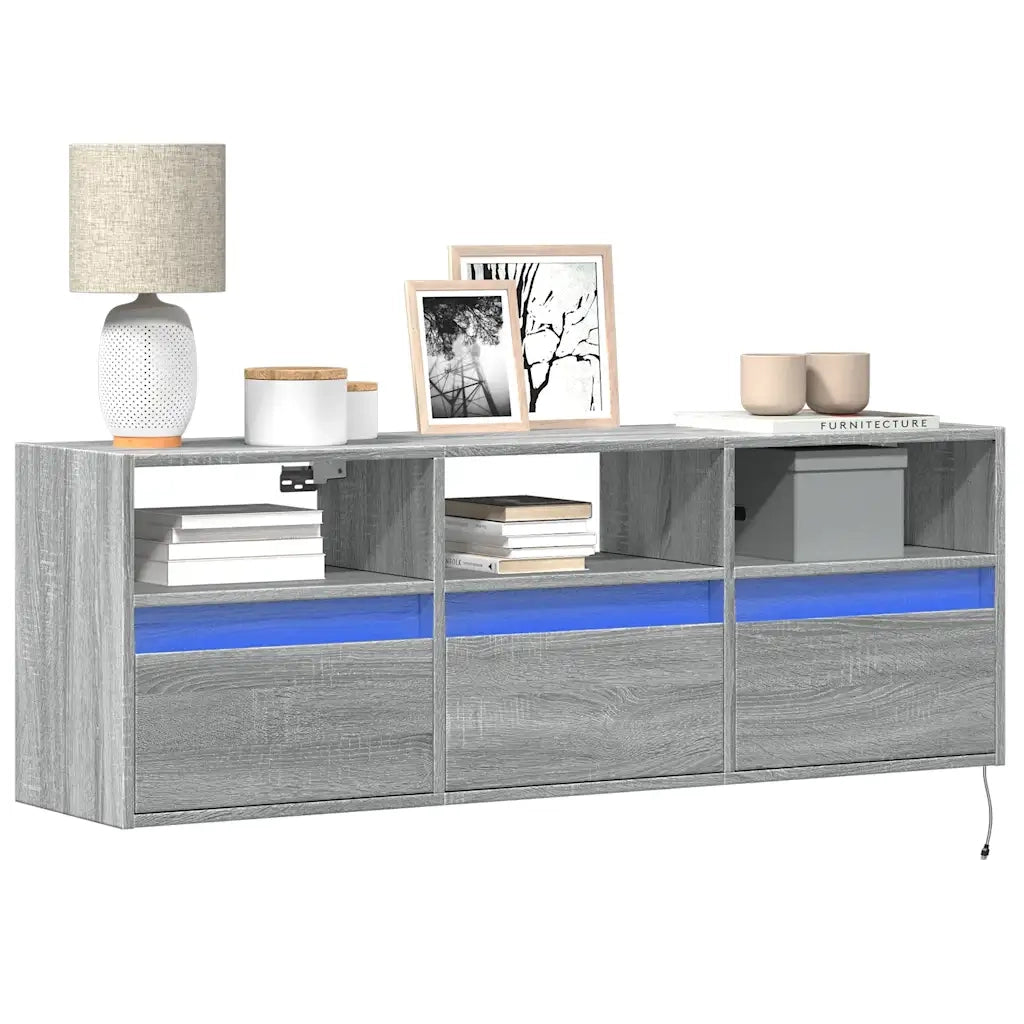 Mobile TV a Parete con Luci LED Grigio Sonoma 130x31x45 cm 852346