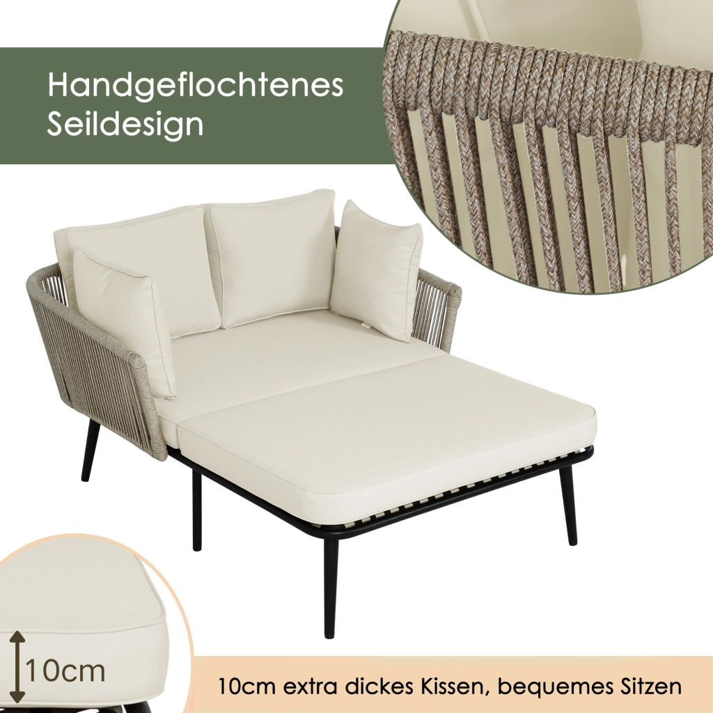 Chaise longue da giardino con cuscino spesso e braccioli intrecciati in corda, acciaio zincato, khaki sfoderabile