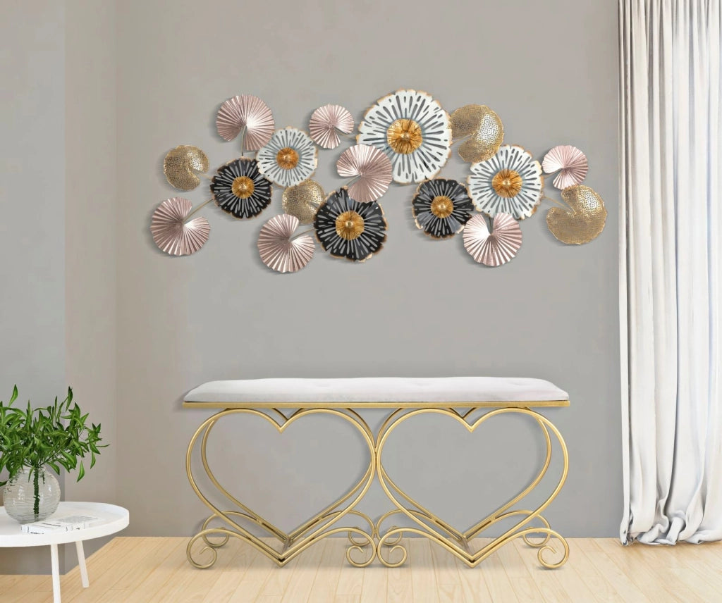 Panca Heart Crema 105x37,5x51,5 cm in Ferro e MDF e Spugna e Poliestere Oro e Rosa