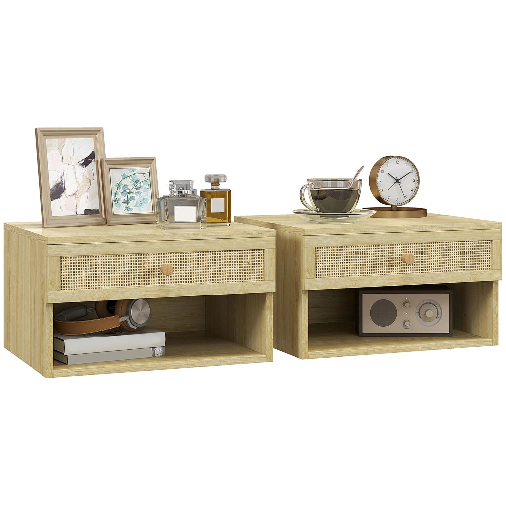 Set 2 Comodini con Cassetto e Ripiani Aperti in stile Boho, in Truciolato e Rattan, 40x34x23 cm