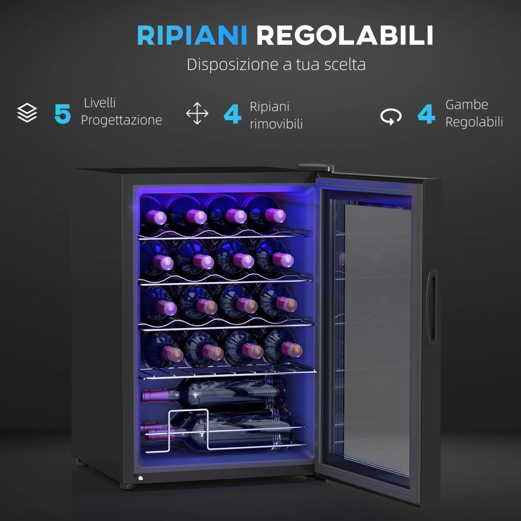 Cantinetta Vino Refrigerata per 20 Bottiglie Capacità 53L Porta in Vetro Anti-UV Nero