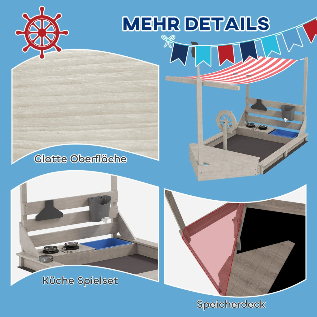 Sabbiera nave pirata con tetto parasole e cucina gioco ¨C Xylo ¨C legno massello grigio 180x103x145cm