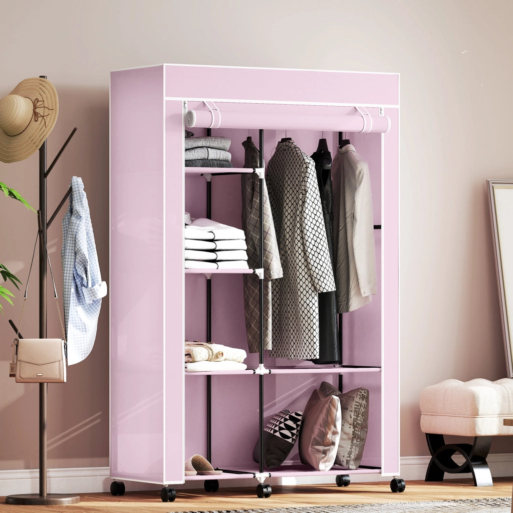 Armadio guardaroba portatile con ante in tessuto e ruote ¨C Xylo ¨C rosa 103x43x162cm