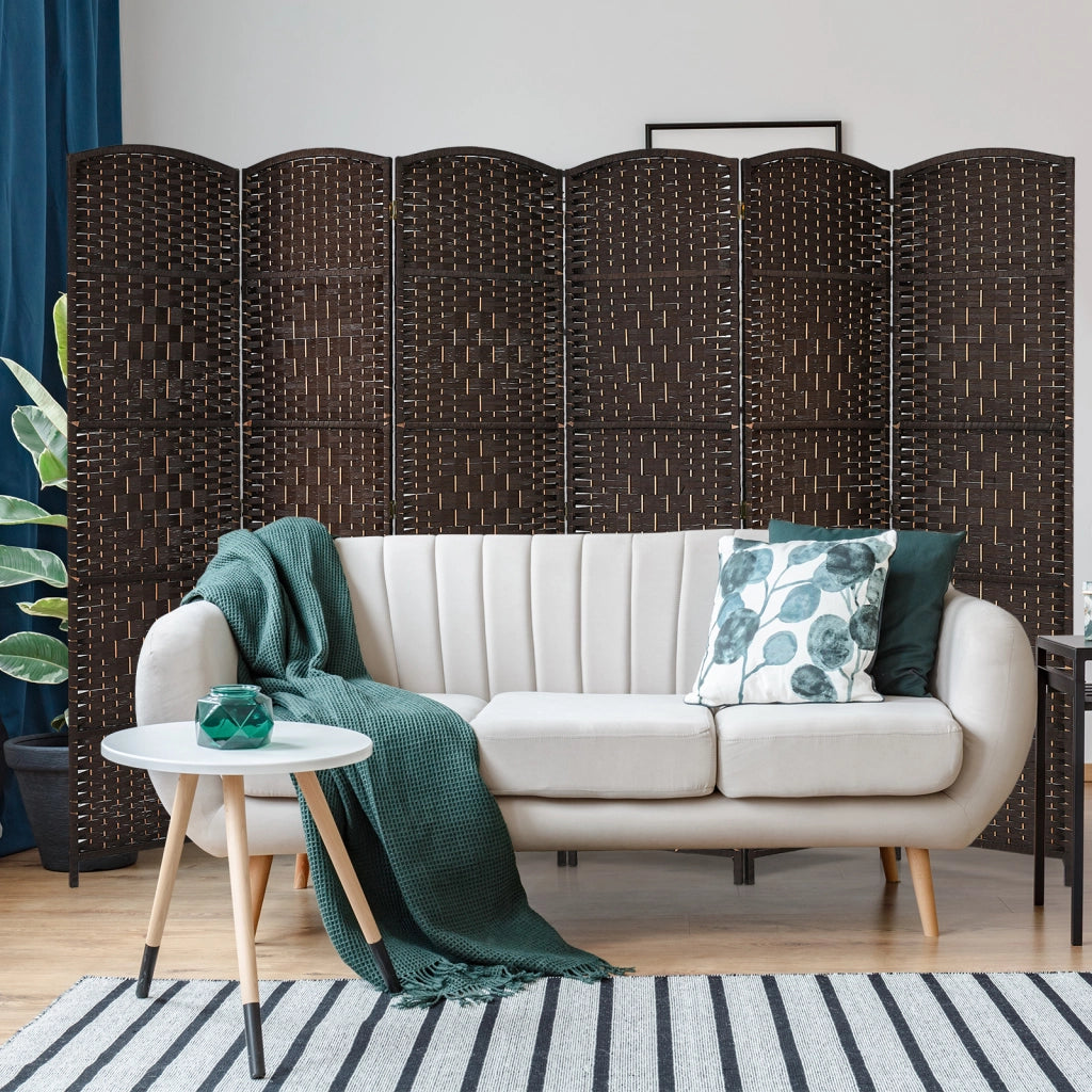 Divisori per ambienti a 6 pannelli alta 180 cm in rattan-Paravento-Schermo pieghevole per privacy con cornice in legno naturale Marrone