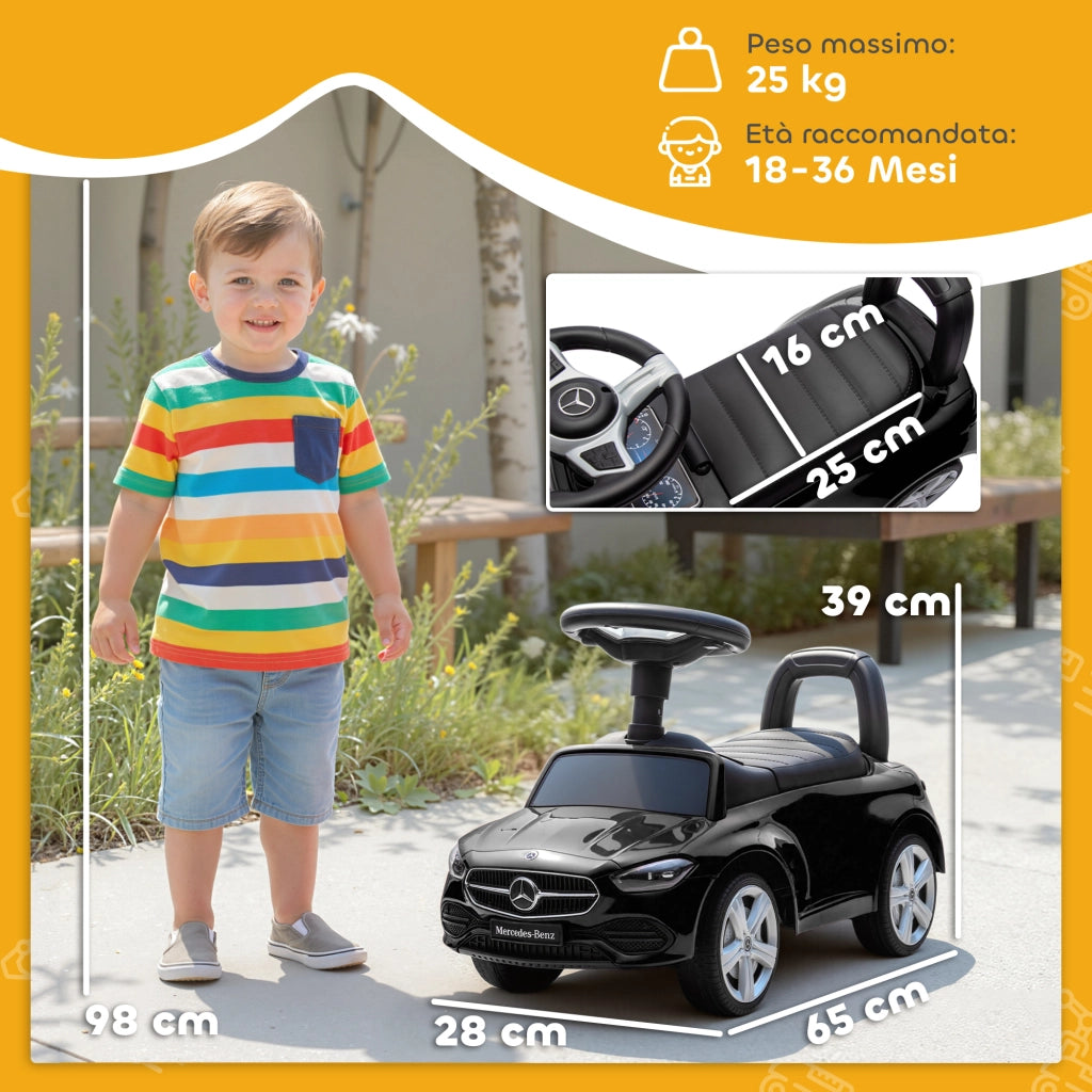 Macchina per Bambini Licenza Mercedes Benz con Clacson e Spazio Portaoggetti, 65x28x39 cm, Nero