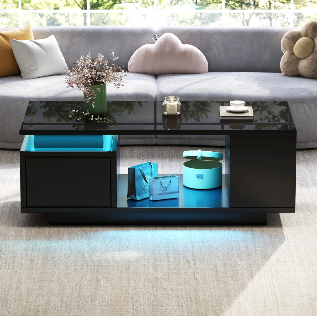 Tavolino da salotto 100x50x36 cm nero lucido con LED; cassetto e vani laterali