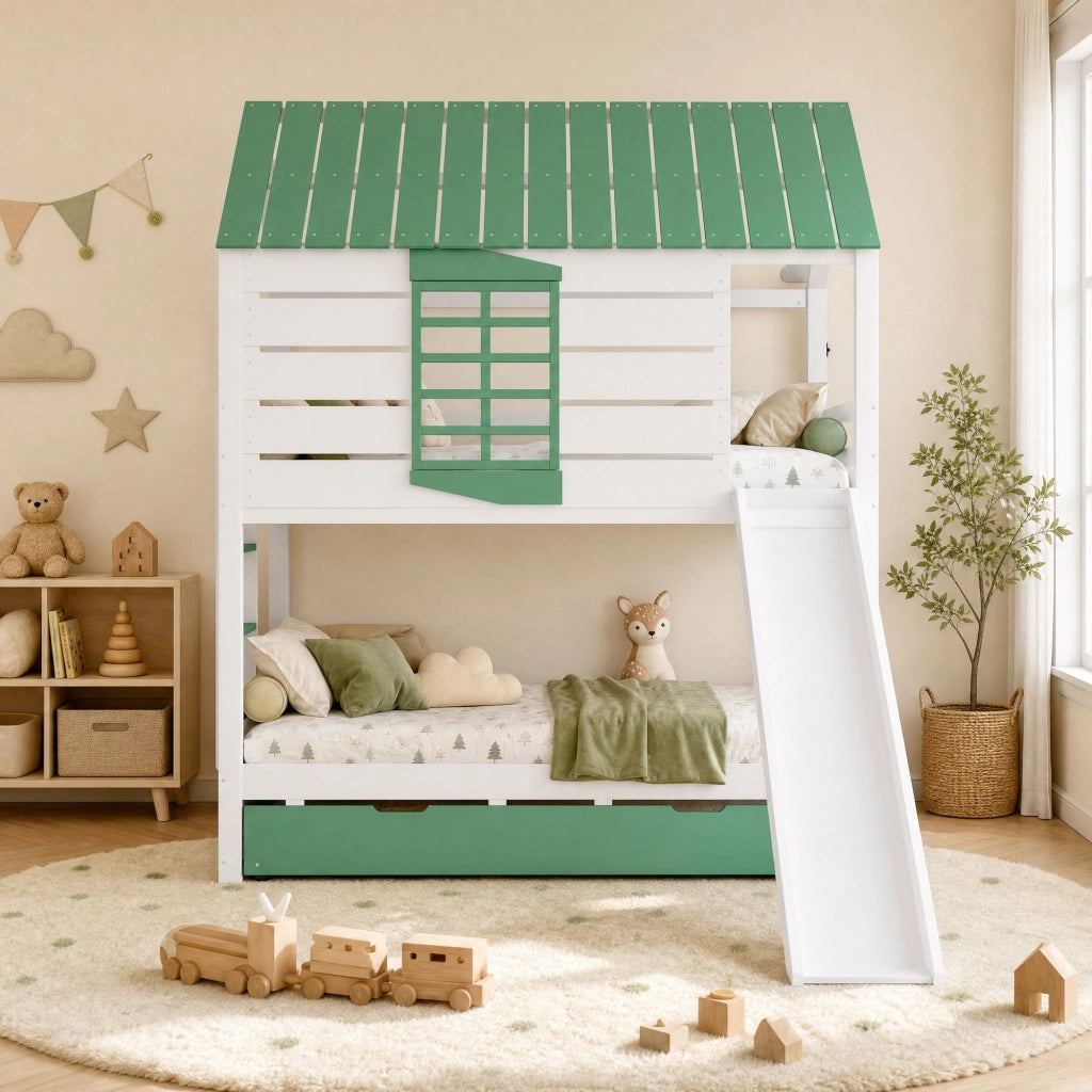 LETTO A CASTELLO IN FORMA DI CASA 90x200 cm CON SCIVOLO E LETTO ESTRAIBILE BIANCO/VERDE